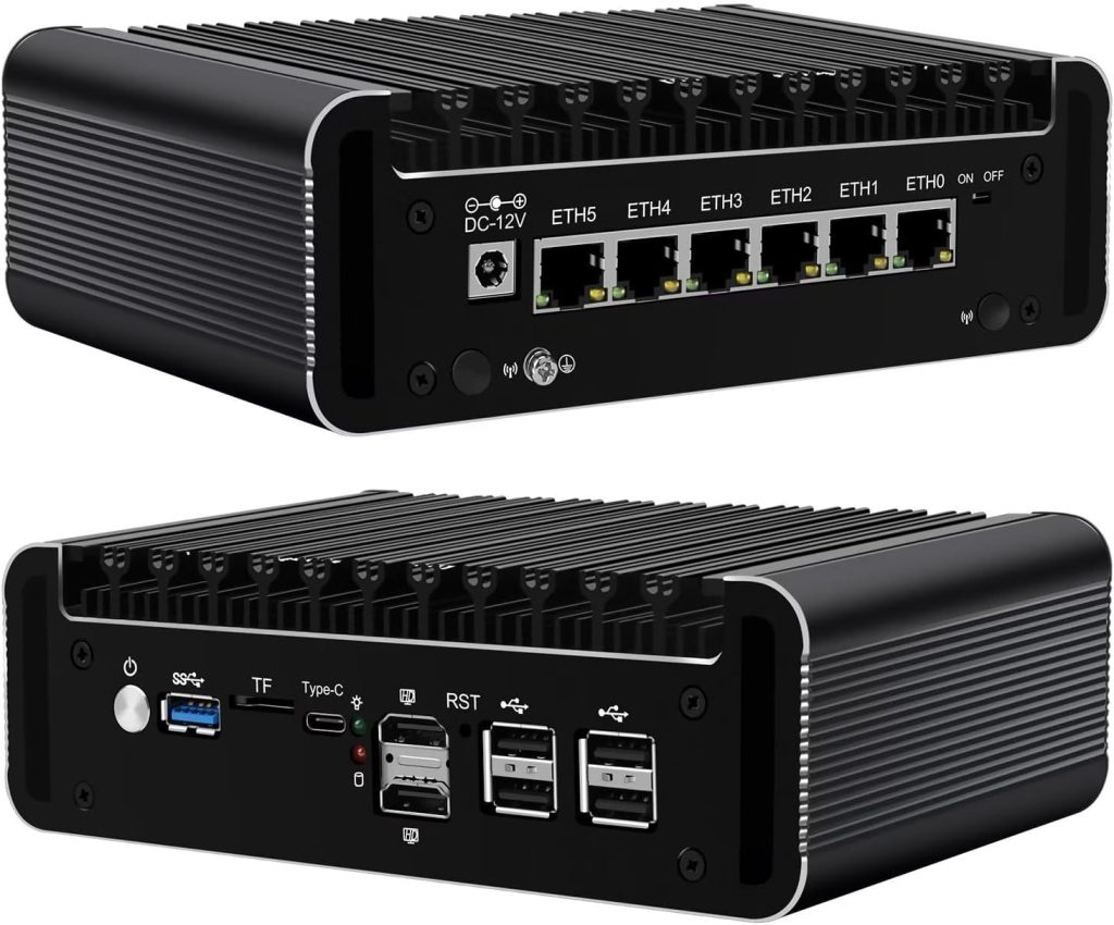 CETAITUN Firewall Mini PC N100 Intel 12th Gen, DDR5 8 GB RAM 128 GB NVMe SSD， 6 x 2.5GbE I226V LAN Fanless Micro Computer Appliance, 4K, AES-NI, TF, Type-C, Support Pfsense OPNsense