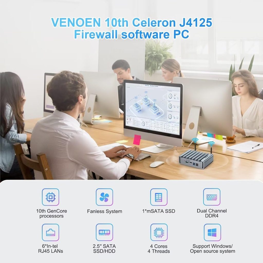 Firewall Mini PC 6 Lan i225 2.5Gbe NICs, Celeron J4125, 8GB DDR4 RAM 128GB mSATA SSD, HD-MI, RS232 COM, USB, Mini PCI E Wifi, Small Computer, Router server, AES-NI, PXE, Firewall Micro Appliance