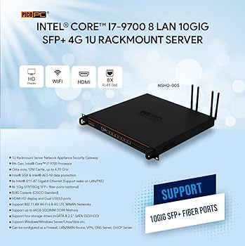 PICOPC 1U Rack mount router Intel Core i7-9700 8 LAN 4 10Gig SFP+ 4G 1U Rackmount Server SD-WAN Network Appliance Firewall with 16GB DDR4 RAM, 512GB SSD