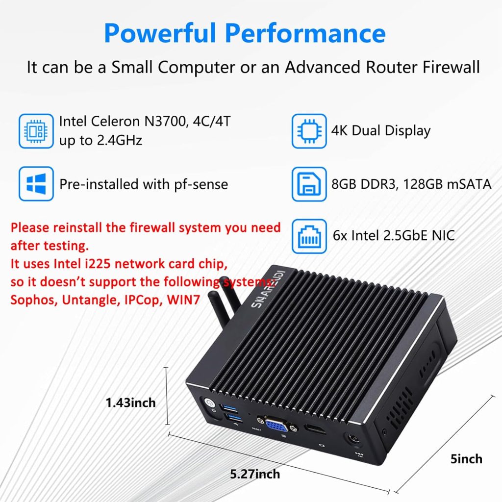 Sharevdi Micro Firewall Appliance 6 NIC, Fanless Mini PC Intel Core I3 6006U for Networks/Soft Routing, 8GB DDR4 128GB SSD Mini Desktop Computer, Support AES NI, USB3.0/HDMI/COM RS232