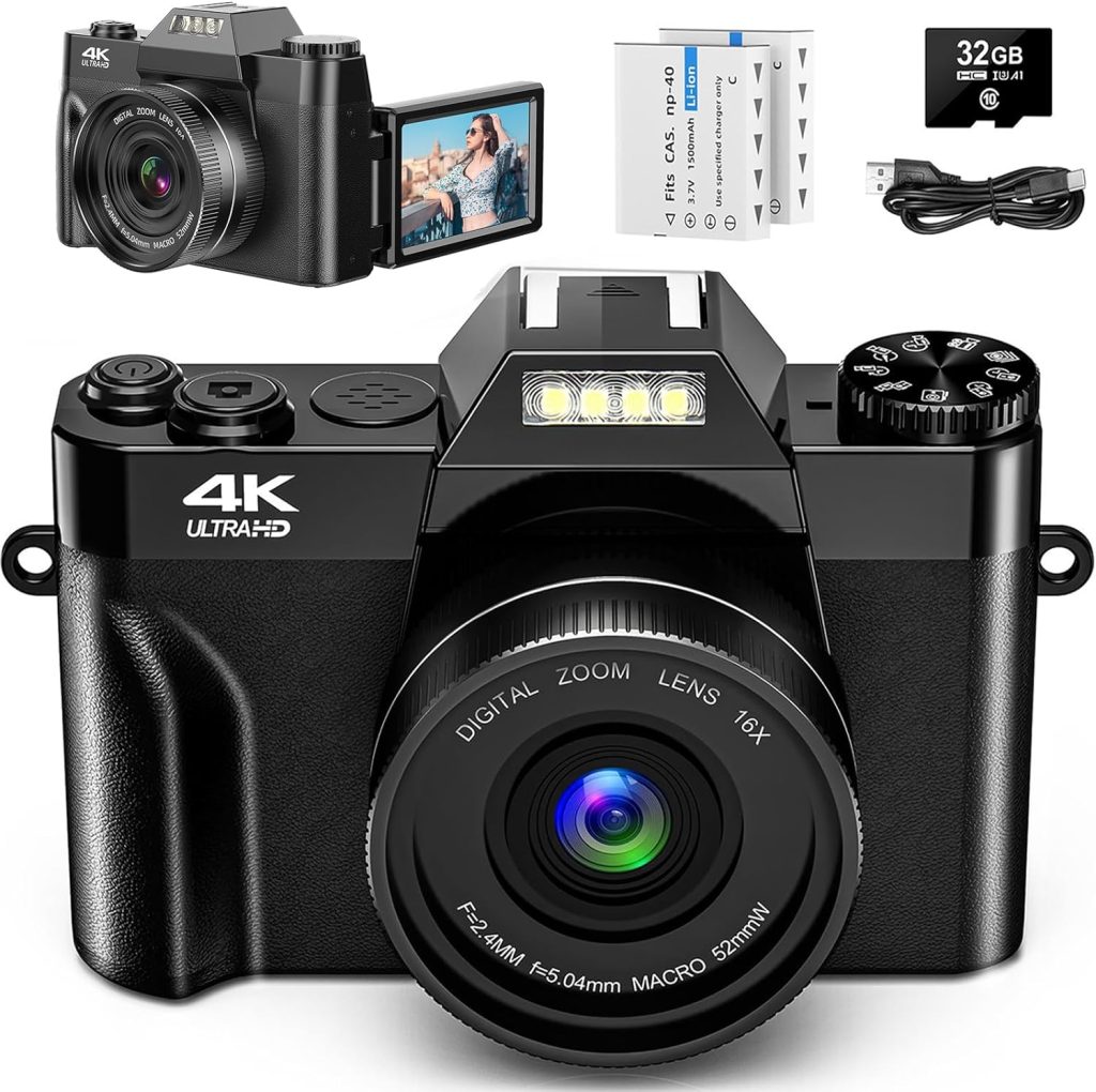 Digital Camera 4K 56MP UHD Vlogging Camera with 3 180° Flip Screen, 16X Digital Zoom Compact Camera for Photography with Auto Focus  32GB Card  2 Batteries for Teens Students Kids Boys Girls