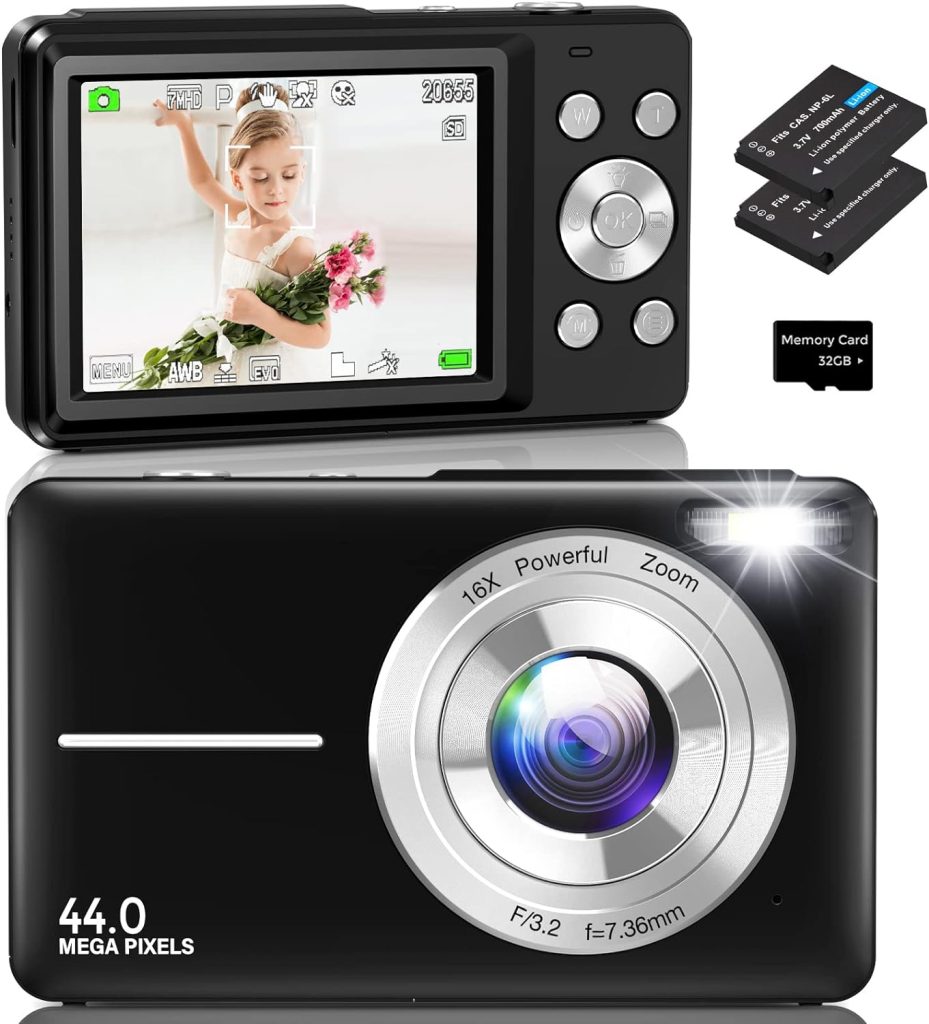 Digital Camera,Amdeurdi Compact Camera FHD 1080P 44MP, Vlogging Camera Rechargeable Digital Camera with 16X Digital Zoom with 2 Battery,32G Memory Card for Beginner Photography- Black