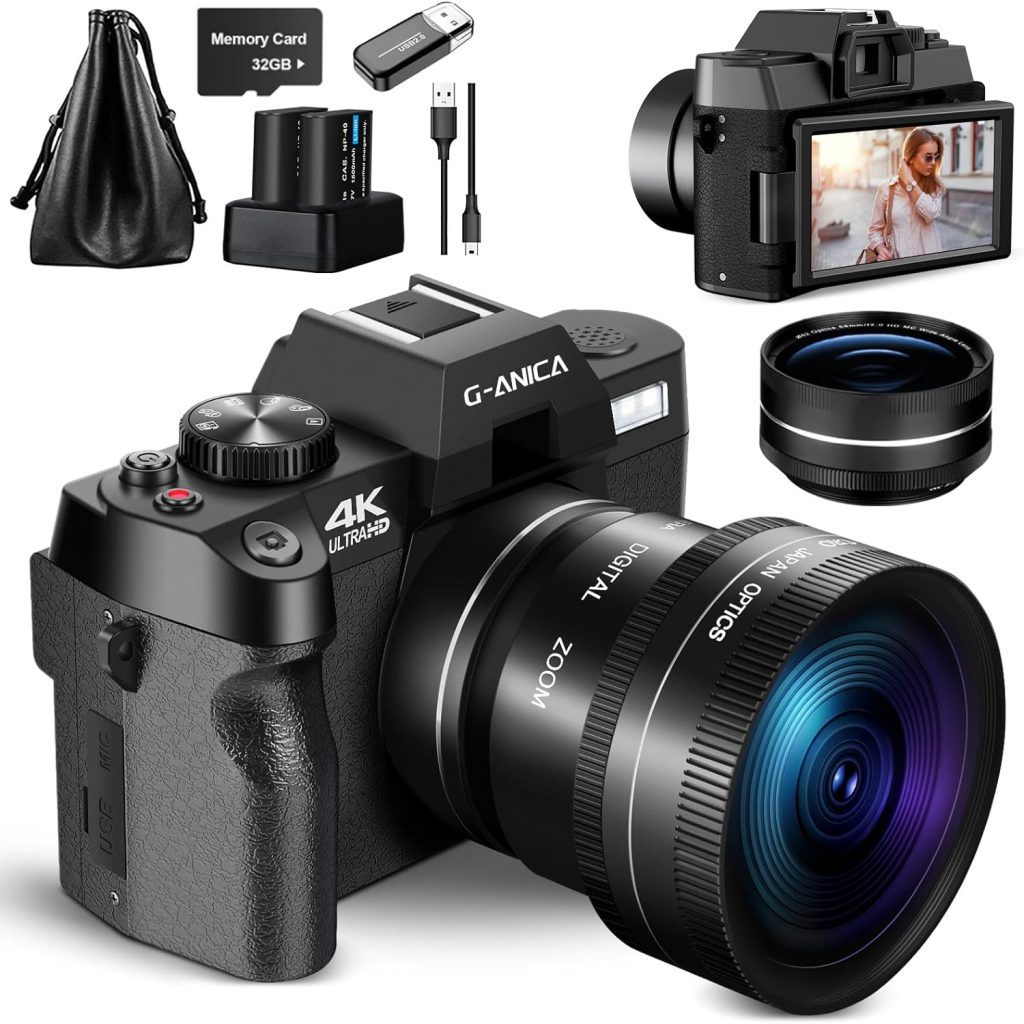 G-Anica 4K Digital Cameras for Photography，48MP/60FPS Video Camera for Vlogging, WiFi  App Control Vlogging Camera for YouTube, Small Camera with 32GB TF Card.Wide-Angle  Macro Lens