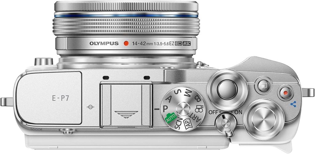 Olympus PEN E-P7 Camera Kit, 20 MP Sensor, 5-axis image stabilisation, tilt HD LCD, 4K, Wi-Fi,color and monochrome profile control, white incl. M.Zuiko Digital ED 14-42mm EZ silver